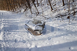 Bench in the park covered by snow