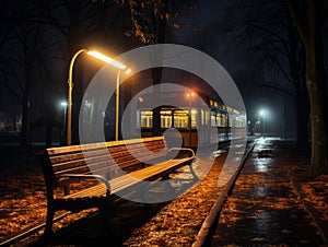 a bench in a park at night