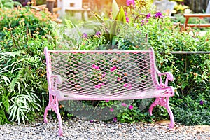 Bench in park - pink vintage bench chair in the garden with green plant and flower background in the summer