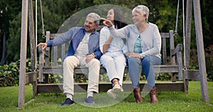 Bench, park and senior parents with woman in nature and hug on holiday or vacation for bonding together with love