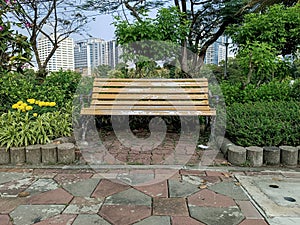 bench in the park with skyscraper background.
