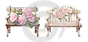 Bench with peonies watercolor clipart illustration with isolated background