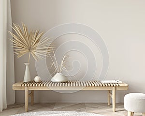 Bench, a pouffe and dried flowers against the background of a