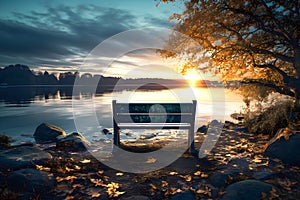 bench for rest on the shore of the lake near a tree against the backdrop of sunset