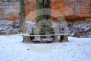 A bench in the shape of a snowy circle in a nature park. Encircles the trunk of an oak tree. In the background, a large