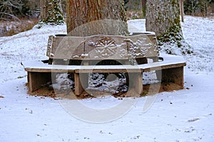 A bench in the shape of a snowy circle in the nature park. Encircles the trunk of an oak tree. A romantic place for