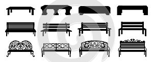 Bench silhouette. Black wooden and wicker street chair. Isolated park recreation furniture collection. Outdoor seat with