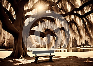 A bench sits in the middle of the park, old black and white photo, huge unbelievably huge trees, , still from a horror movie