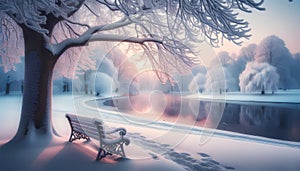 a bench sits next to a snowy lake in the evening