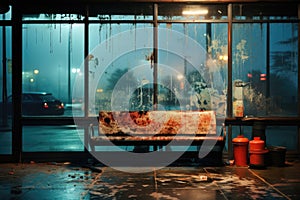 A bench sitting in front of a window covered in rain, AI