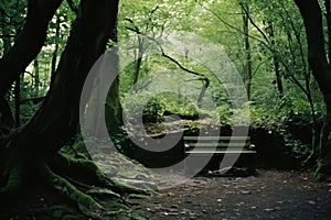 a bench sitting in the middle of a forest