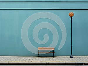 a bench sitting on the sidewalk next to a street lamp