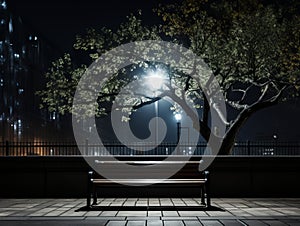 a bench sitting on a sidewalk at night with a tree in the background