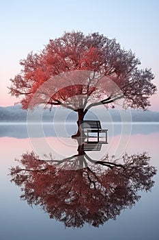 A bench sitting under a tree in the middle of a lake. AI.