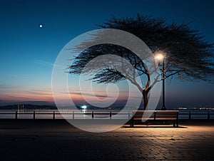 a bench sitting under a tree in the middle of the night