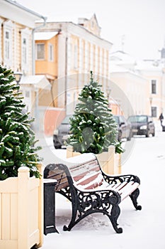 Bench With Snow In Winter In Kolomna, Moscow Region, Russia