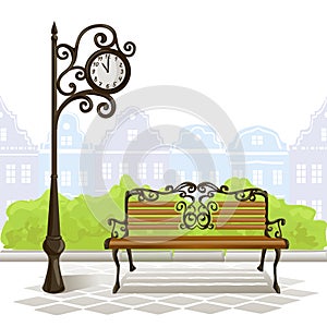 Bench, street clock, old town
