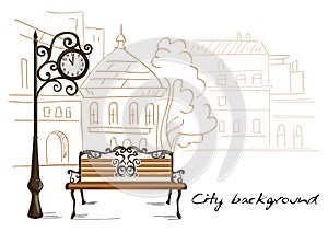 Bench, street clocks, background line drawing city