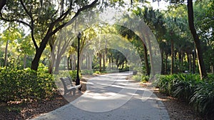 A Bench in a Sun-Dappled Forest Path
