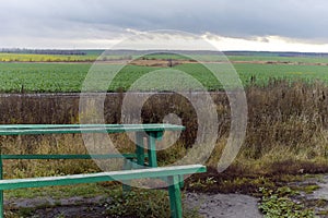 bench, table and field