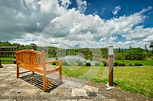 A bench at the popular tea plantation Bois Cheri in the foothills. Mauritius photo