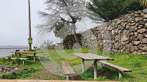A bench in a tiny park corner