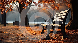 The bench is on a tree with fallen leaves. An empty park bench under an orange tree in the fall