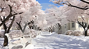 bench under a snow-covered tree.winter day