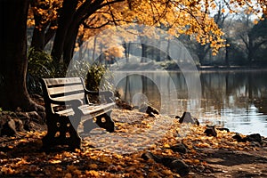 bench under a tree near the Picturesque Lake, idyll and silence.