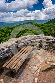 Bench and view of the Appalachians from Craggy Pinnacle, near th