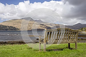 Bench of view of Scottish highlands in Mull