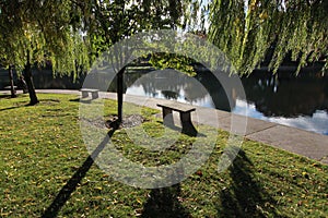 A bench in Wade Park in front of Wade Oval