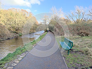 Bench on a walkway in Pype Hayes park with Plantsbrook stream