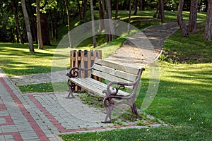 A bench with a wooden seat and iron forged legs.