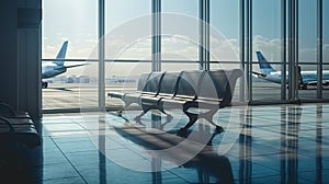 Benches in the airport, behind a large window on the tarmac stands the plane, generative ai