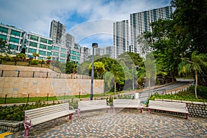 Benches and buildings at Repulse Bay, in Hong Kong, Hong Kong.