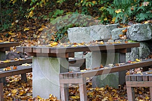 Benches and chairs at tables invite you to relax and unwind