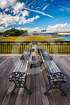 Benches on the fishing pier in Charleston, South Carolina.