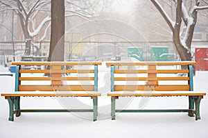 benches hidden by snowfall, untouched