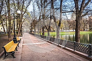 Benches near the Patriarch`s Ponds in Moscow