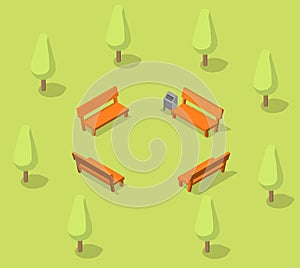 Benches in the park. Resting place in the forest. Parkland. Vector Isometric stock