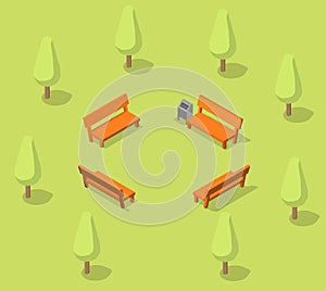 Benches in the park. Resting place in the forest. Parkland. Vector Isometric stock photo