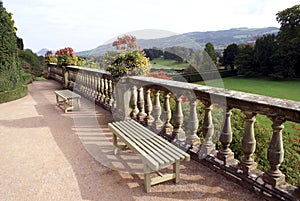 Benches on a patio at Powis castle in England