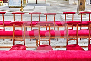 Benches for prayer inside Saint-Germain l`Auxerrois Church, near