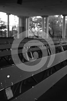 Benches under park shelter in black and white