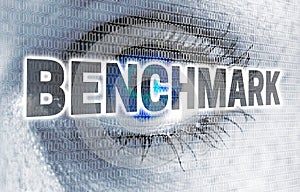 Benchmark eye with matrix looks at viewer concept