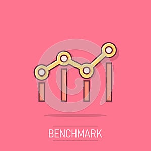 Benchmark measure icon in comic style. Dashboard rating vector cartoon illustration on white isolated background. Progress service