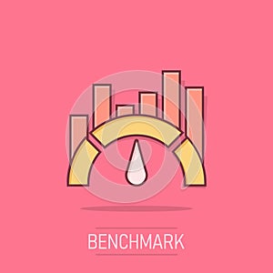 Benchmark measure icon in comic style. Dashboard rating vector cartoon illustration on white isolated background. Progress service