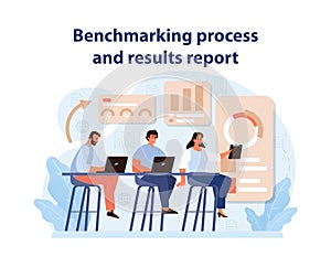 Benchmarking Report Vector. A team meticulously prepares a comprehensive benchmarking report. photo