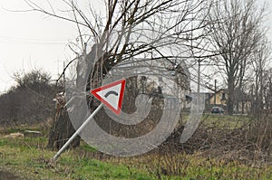 Bend ahead to right. Danger road signs